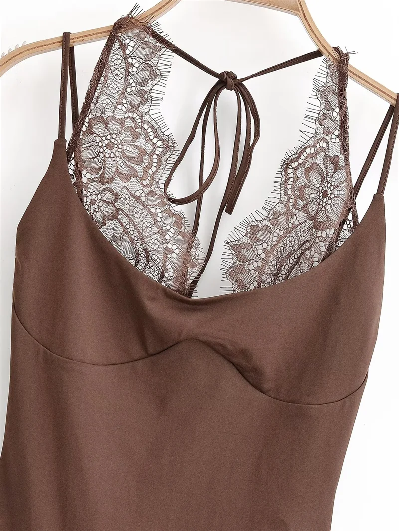 

Women's Bodysuit 2026 New Fashion Spring Summer Brown Spliced Lace Bodysuit for Women Chic Personality Spaghetti Strap Bodysuit