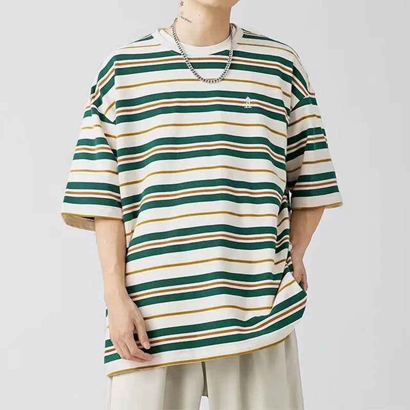 

Striped Short-sleeved T-shirt Men Summer New American Retro Trendy Brand Heavy Round Neck Half-sleeved T-shirt Loose Versatile