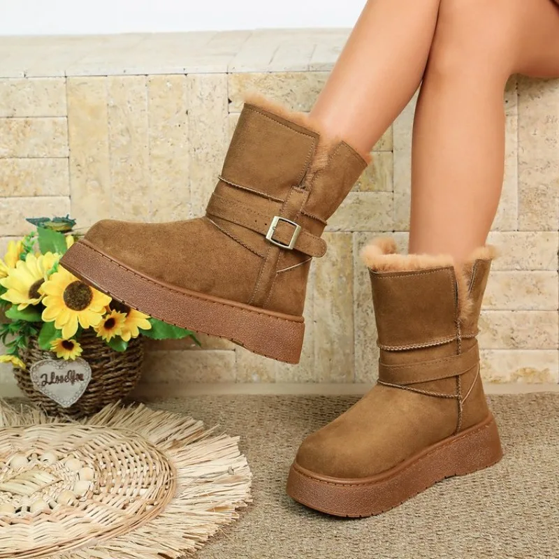 Thick Bottom Snow Boots Women's Winter Korean Style Fluffy Casual Warm Bread Cotton Shoes Low Cut round Toe Rubber Sole