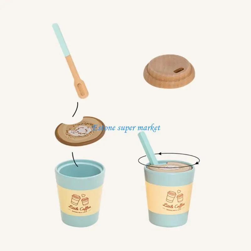 090B Imaginative Play Wooden Coffee Takeout Cup Set For Kids Social Skill Development
