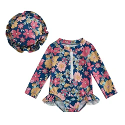 2024 New Little Baby Girls Summer Sportswear Swimwear Beachwear Long Sleeve Crewneck Zip Up Floral Bathing Suit with Hat