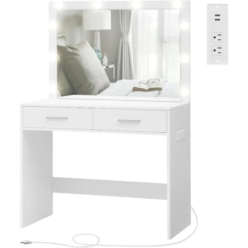 Vanity Desk with Large Lighted Mirror, Makeup Vanity with 10 Lights, 2 Drawers & Power Strip, Vanity Desk Set, Dressing