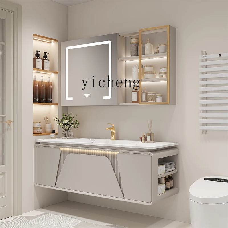 

ZK rock slab hot bending integrated basin bathroom cabinet combination light luxury oak washstand washbasin cabinet