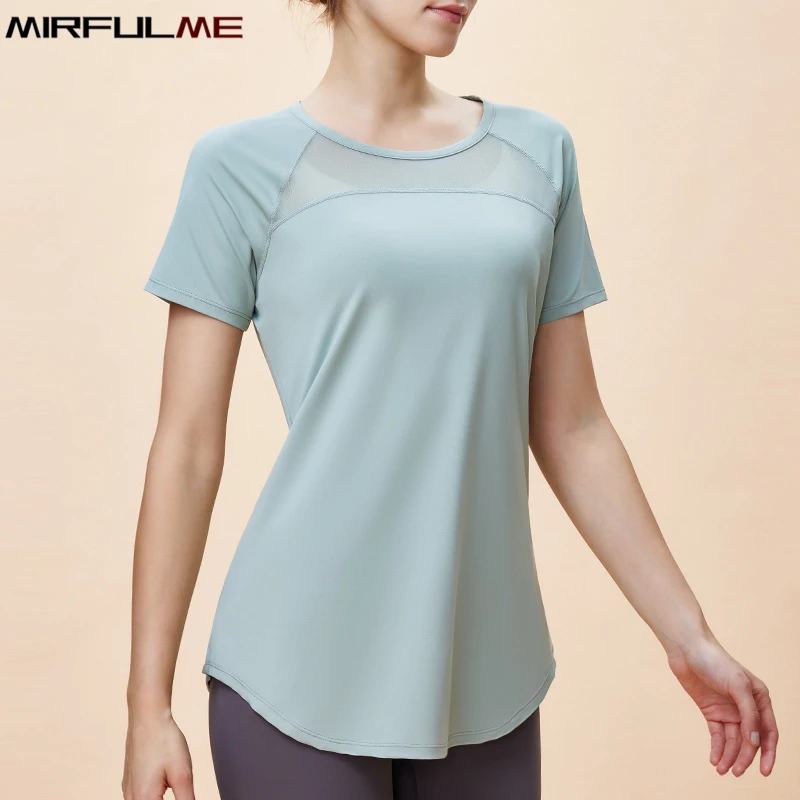 Women Loose Thin Yoga Shirts Mesh Breathable Sport T-Shirt Short Sleeves Running Tops Hip Covering Gym Fitness Top Blouse Female