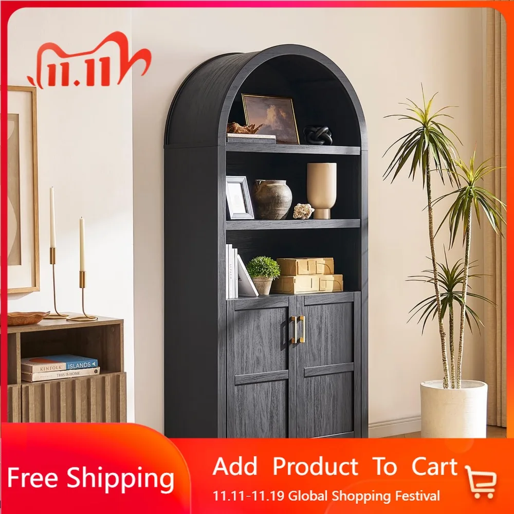 خزانة مقوسة بطول 77.4 بوصة، خزانة كتب مقوسة من 5 طبقات مع أبواب وأرفف قابلة للتعديل، رف كتب على شكل قوس مع مساحة تخزين،