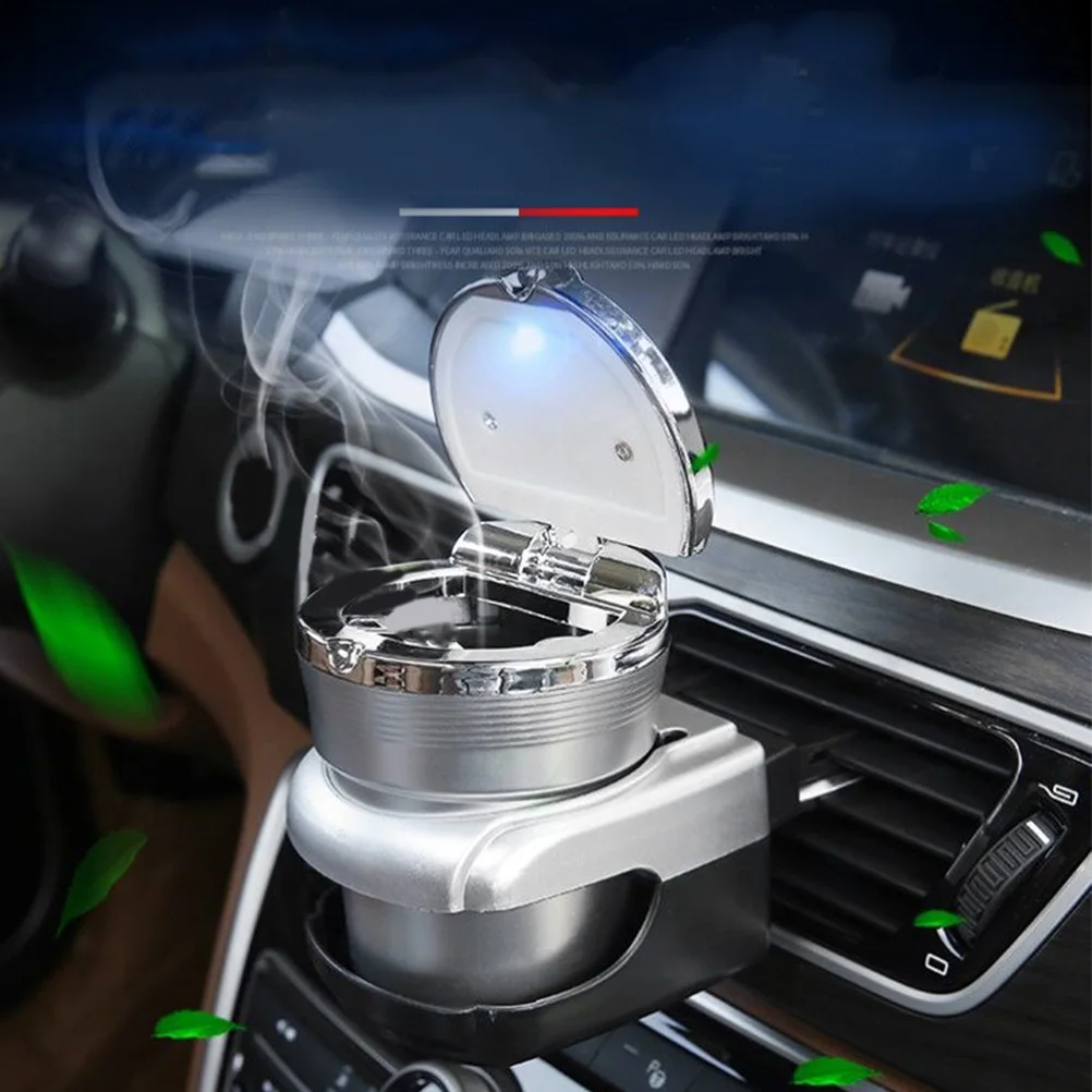 

Car Ashtray Silver Plastic Aluminum Alloy Led Light Lid Detachable For Vehicle Home Office Cigarette Ashtray
