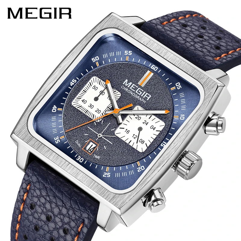 MEGIR New Square Watches for Men Top Brand Luxury Blue Leather Military Men\'s Wristwatch Chronograph Clock Relogio Masculino