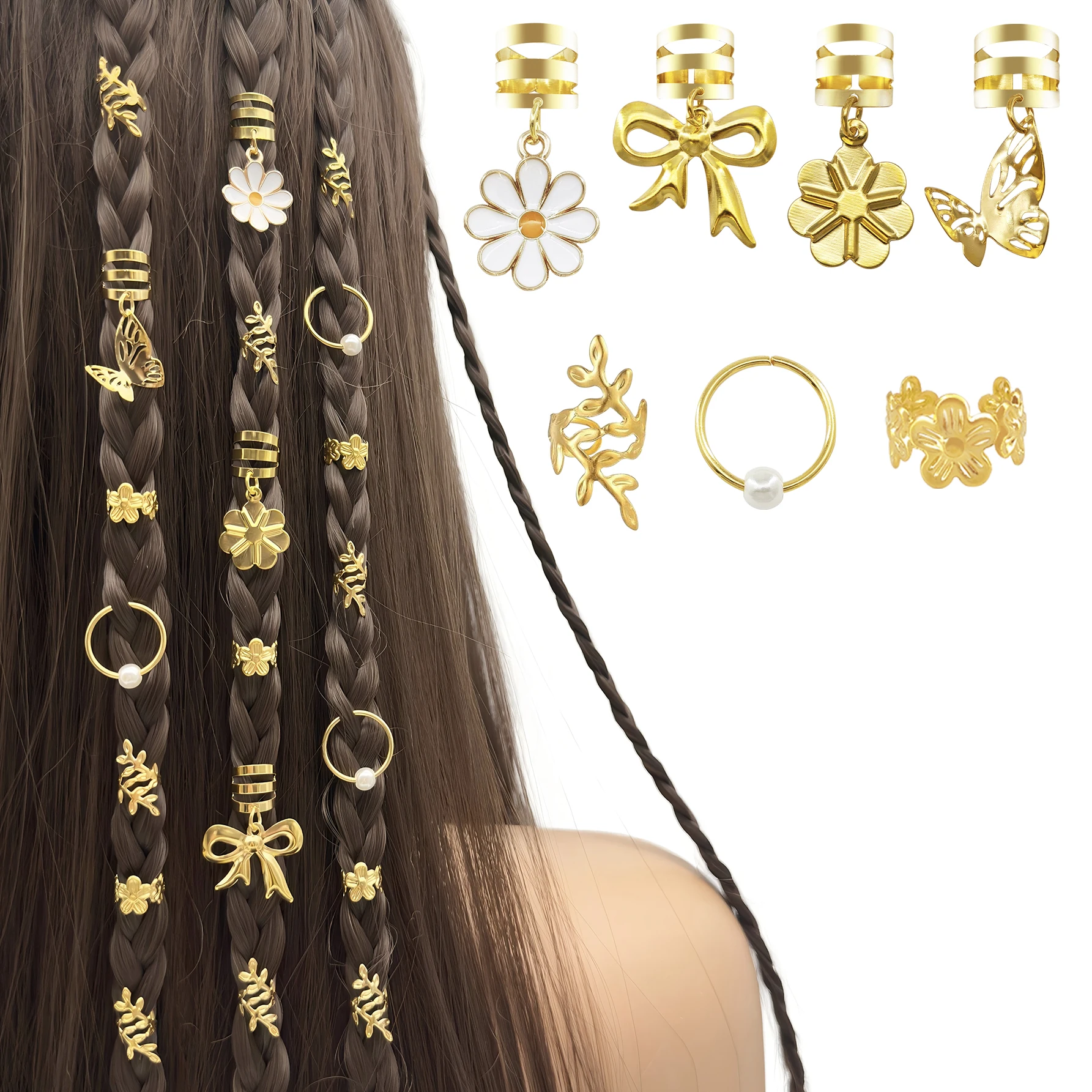 

27pcs Golden Daisy & Butterfly Accent Hair Rings with Pearl Details – Elegant Adjustable Hair Cuffs, Delicate Bohemian Jewelry