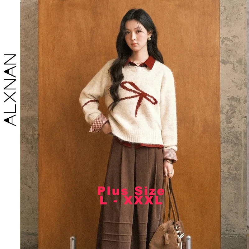ALXNAN Plus Größe Pullover Herbst Winter Langarm Wolle Pullover Elegante Casual Lose-fit Bogen Muster Pullover Weibliche D13206