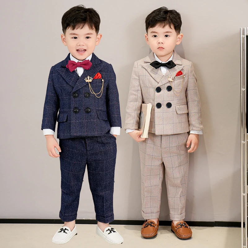 

Children's Spring Autumn British Plaid Suit Set Boys Host Wedding Photography Party Dress Kids Blazer Pants Bowtie Clothes