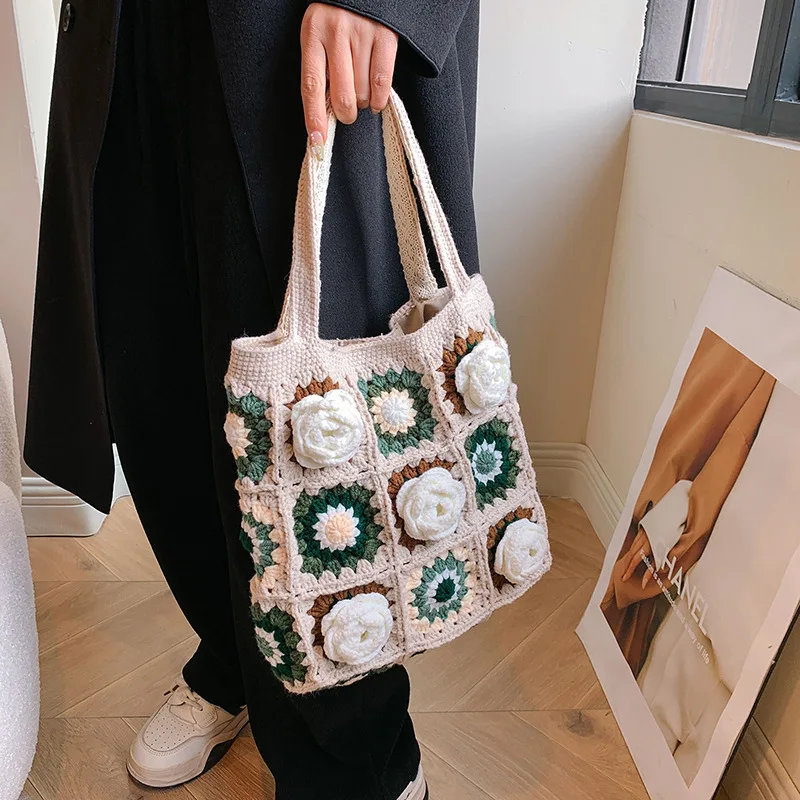 Single shoulder bag autumn and winter handmade crochet three-dimensional flower yarn woven bag, checkered hand-held women\'s bag