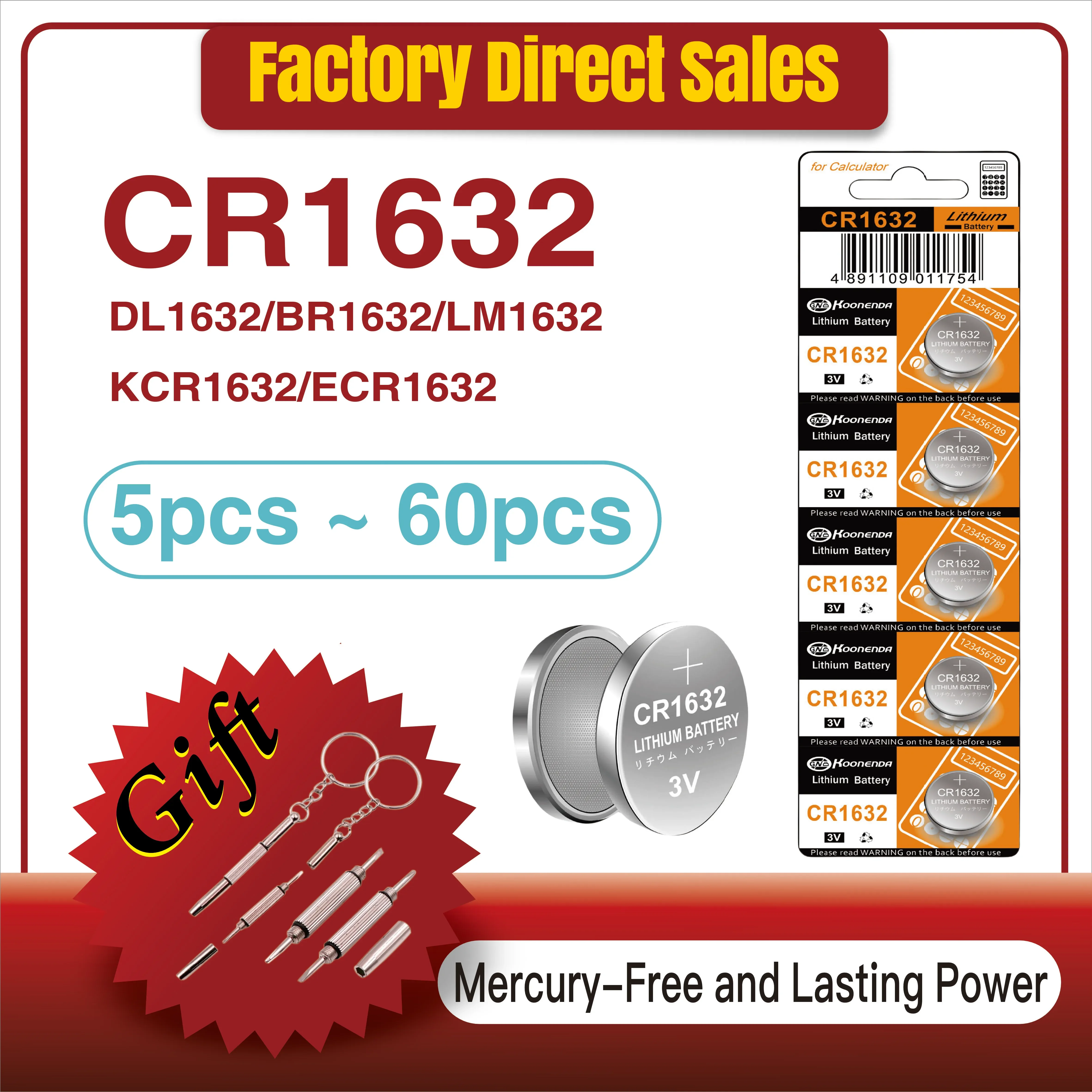 

5-60PCS CR1632 Lithium Button Battery CR 1632 DL1632 BR1632 LM1632 ECR1632 3V Coin Cells Batteries For Toys Watch Remote Key