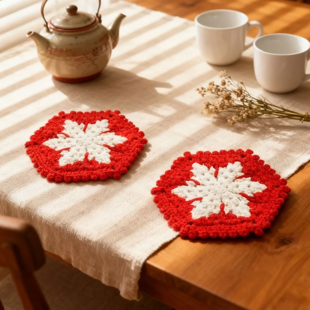 Durable Hand-Knitted Christmas Crochet Coaster Hand Crochet Heat Resistant Mug Pad Cup Mat Xmas Decor Gift