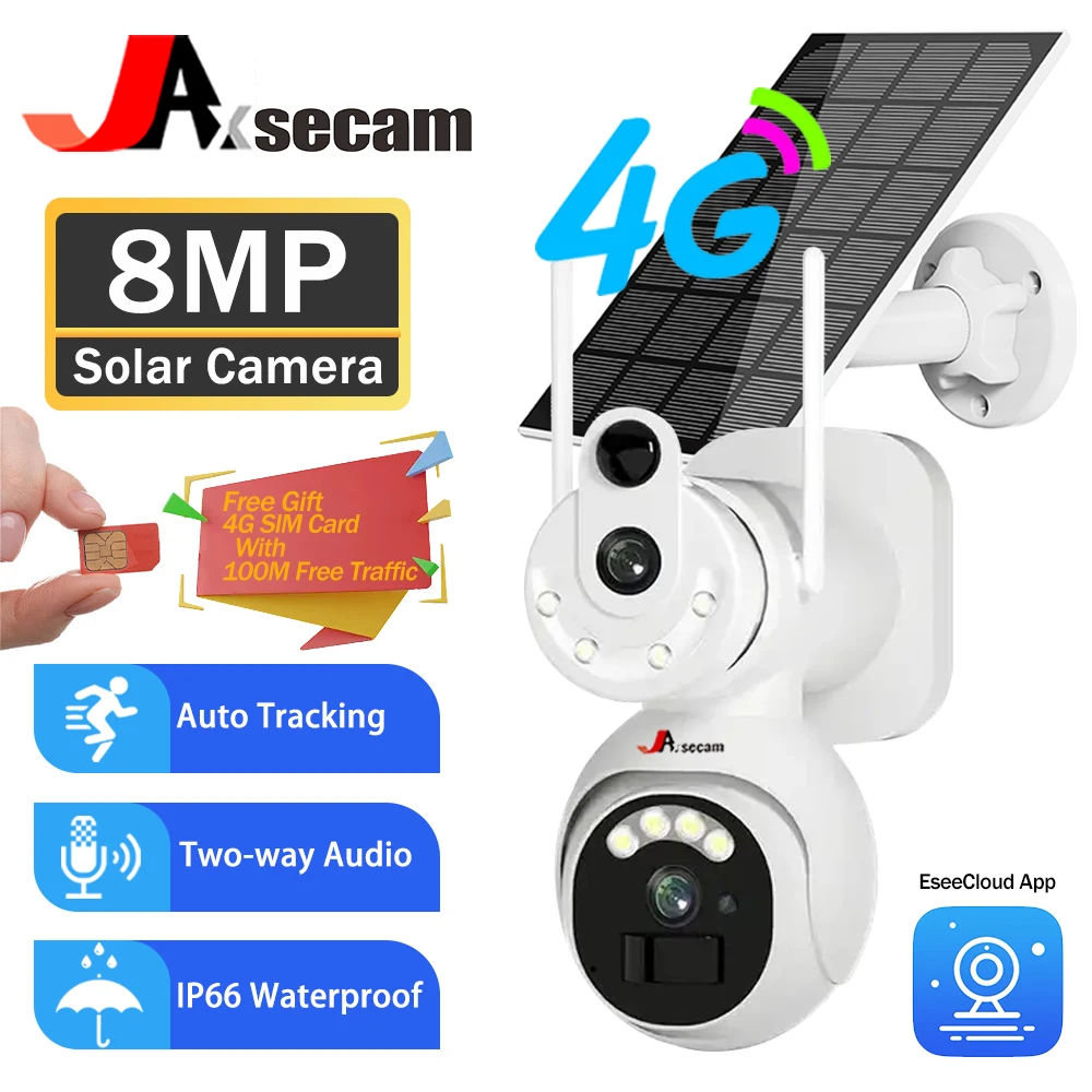 

4G SIM Card Solar Camera 360 IP Camera 8MP 4K CCTV Battery Cameras Outdoor Dual Lens Smart Home CCTV Security Surveillance Solar