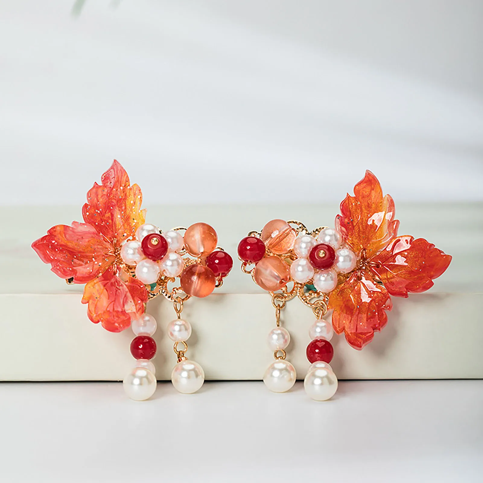 2pcs Vintage Hair Clips Red Leaves Chinese Hanfu Hair Accessories Girls Floral Barrettes Headpeice Retro Party Hair Jewelry