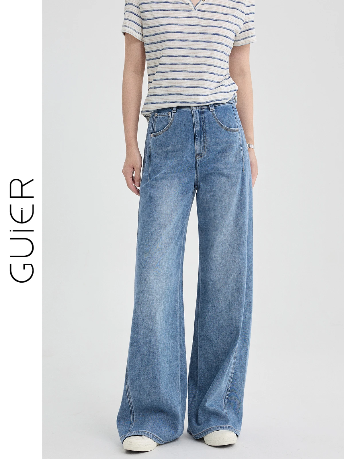 

Джинсы с высокой талией и широкими штанинами для женщин, летние, с эффектом похудения, дизайнерские, с вырезами G7951 # Однотонная застежка на пуговицах