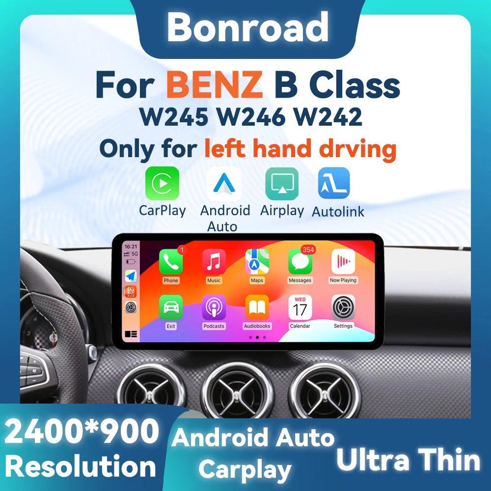BONROAD 2400*900P 12.3 Touch Screen Car Multimedia Wireless CarPlay Android Auto Radio GPS For Mercedes Benz B Class W245 W246 Ultra Thin Mirrorlink Airplay Autolink Stereo Display GPS Navigation