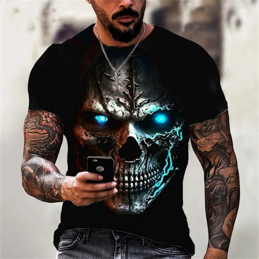 Novo 3d impresso t camisa masculina verão vintage crânio impressão topos diabo manga curta moda o pescoço rua camisas de grandes dimensões dos homens