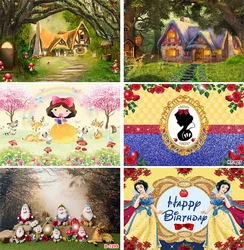 Cartoon Disney Cute Seven Dwarfs and Bird Photo Backdrop Snow White Princess Happy Birthday Party Decoration Backgrounds Banner