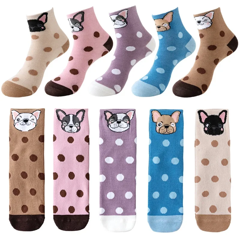 

5-pair Women's Comfortable Breathable Sports Socks with Cat, Dog, Stripe, Line, Polka Dot Cartoon Patterns for All Seasons