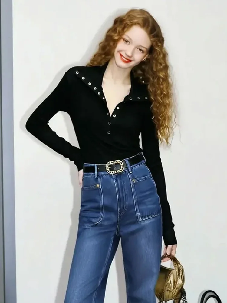 

Вязаный свитер ZhuoZhi American Cool F с открытым воротом, черный, приталенный, высокого качества, осенняя новинка, мягкий, свободный, вязаный топ