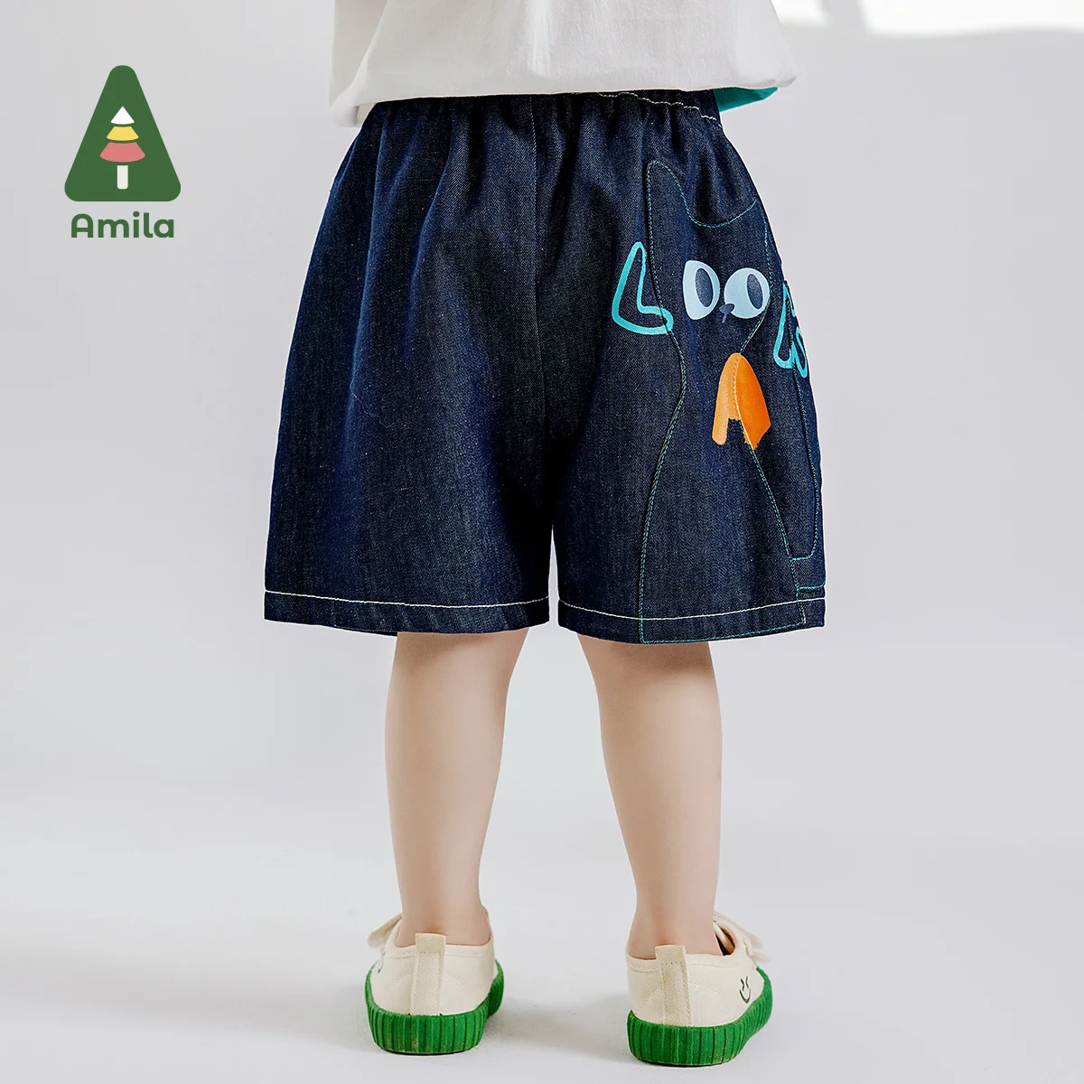 Amila 2024 Summer New Boys Bottom Soft Denim Patchwork Cartoon Cat Dark Blue Boutique Breathable Quarter Pants 0-6Y