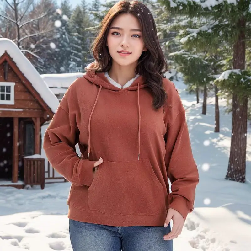 

Large size loose hooded top autumn and winter fleece sweater fashionable simple and elegant temperament high-end vacation style