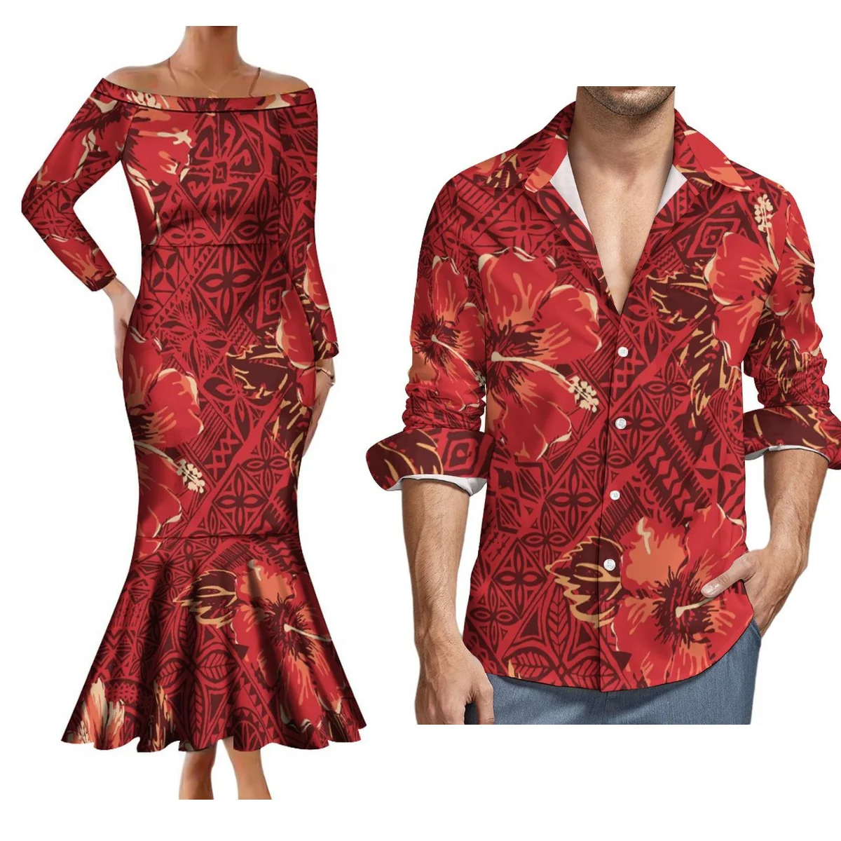 

2024 Custom Samoa Club Couple Suit Polynesian Women Midi Tight Fishtail Dress And Men'S Long-Sleeved Shirt Formal Occasion Dress