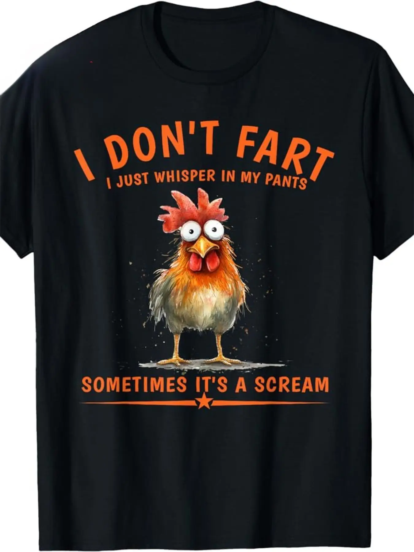 Mannen grappig "Ik ben niet stinkend. Ik fluister gewoon in mijn broek" T-shirt - Zwart met oranje lettertype