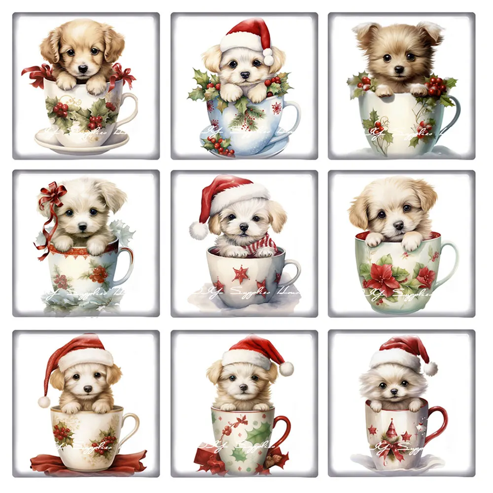 10pcs/lots Christmas X-mas Cup Dog Puppy Winter Square Photo Glass Cabochon Charms Demo Flat Back Cameo For Diy Jewelry Making