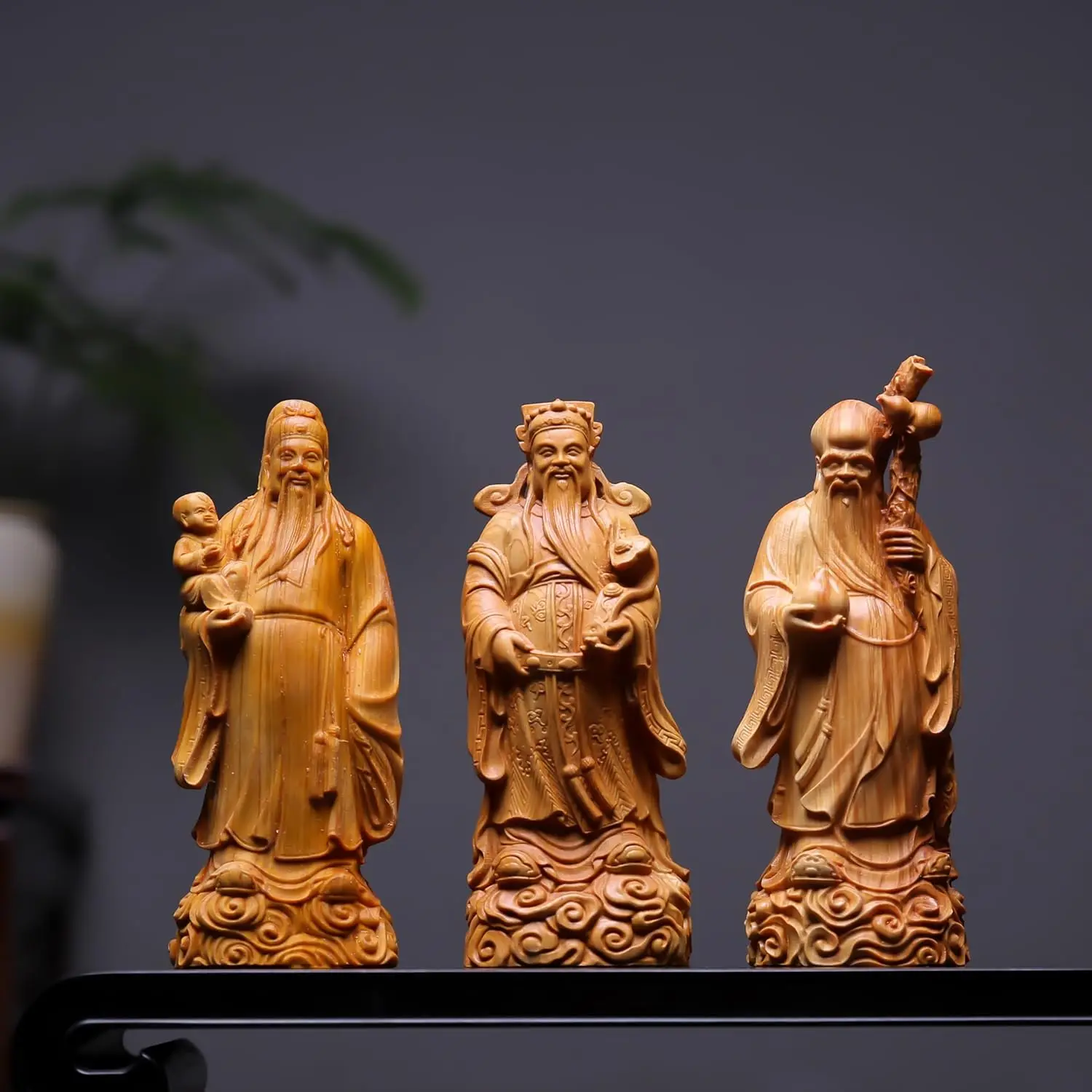 Wood Carved Fu Lu Shou Statues Home Decor Figurines Longevity Blessing Gift Handcrafted Fortune Deities for Display