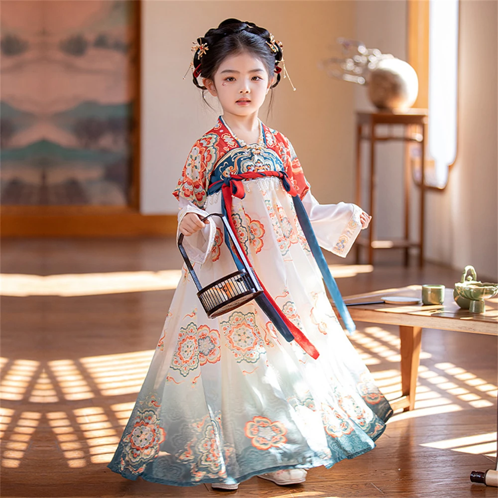 

Hanfu Girl Summer Tang Suit Retro Chinese Traditional Embroidery Princess Dress Fairy Ancient Costume Kids Dance Perform Clothes