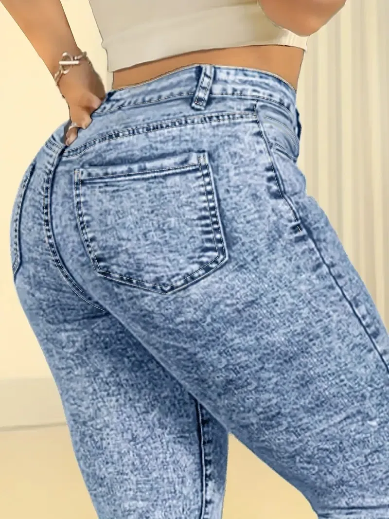 Vaqueros informales de cintura alta para mujer, elásticos, ajustados, con levantamiento de glúteos, pies ajustados, lavado simple a la moda, copo de nieve, nueve puntos