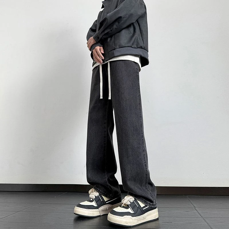 

2025 New Men Winter Casual Jeans Male Fashion Loose Straight Denim Pants Slim Fit Elastic Waist Faded Blue Light Gray Trousers