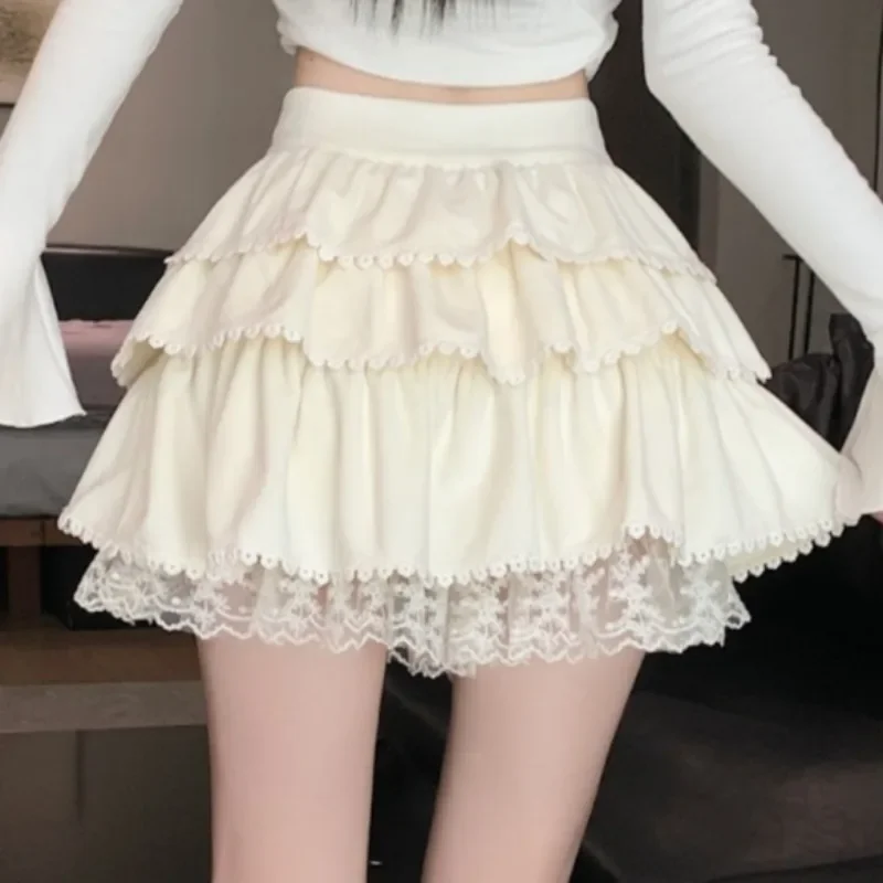 

Mini Skirts for Women Cake Design Simple Solid High Waist Lace Sexy Lovely Summer Young Ins Korean Style A-line 2024 Patchwork
