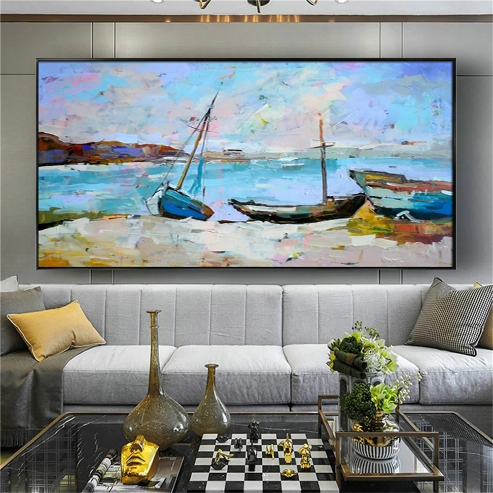 Pop Boat On The Beach Modern Pure Hand-painted Oil Painting Small Fishing Village With Sea View Canvas Picture Home Decor Mural