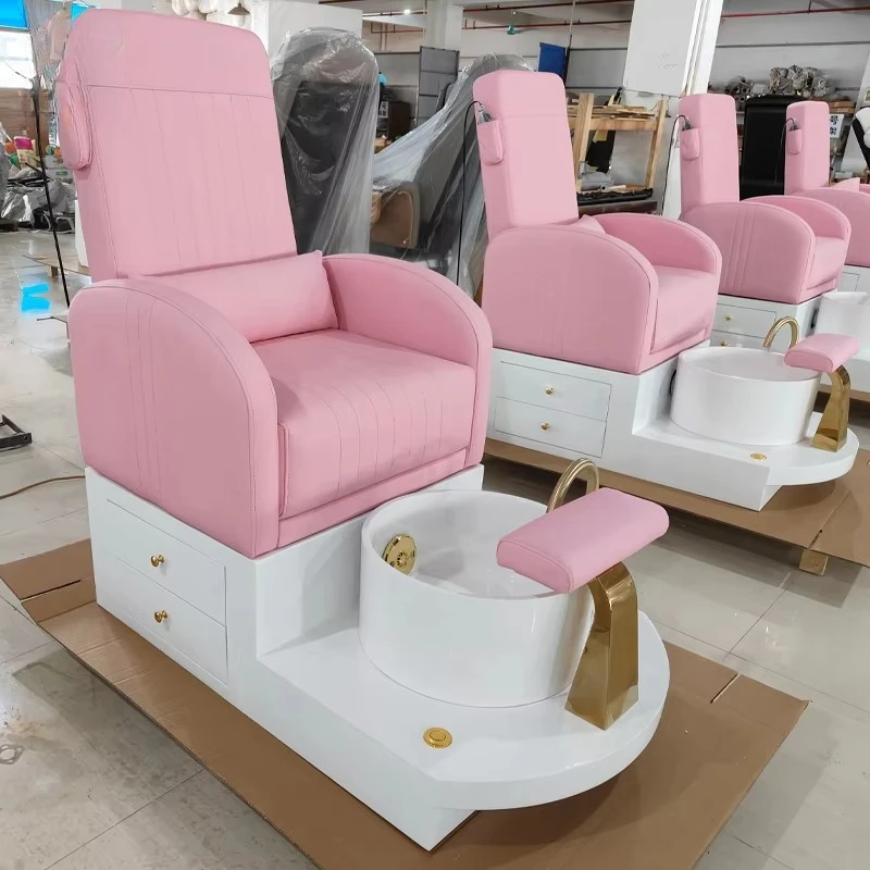 Elegant Pink Spa Pedicure Chair Foot Massage Unit with Storage Drawer and Golden Faucet