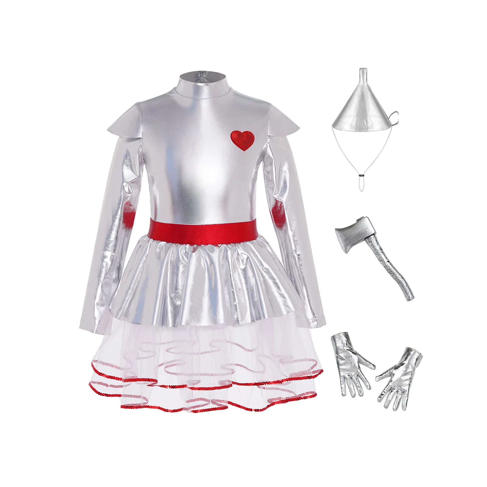 Kids Girls Halloween Tin Costume Long Sleeves Zipper Metallic Tulle Tutu Dress with Hat Axe Gloves for Role-playing Theme Party