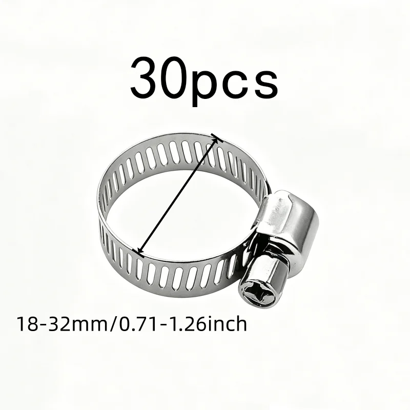 30 pcs 18-32mm Adjustable Worm Drive Clamps with Adjustable Tightening Range, Multipurpose, Versatile, Practical