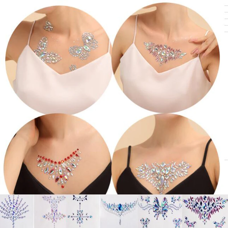 Sexy Chest Colored Drill Stickers Female Banquet Body Art Tattoo Decoration Fake Necklace Decals Nightclub Party Breast Art