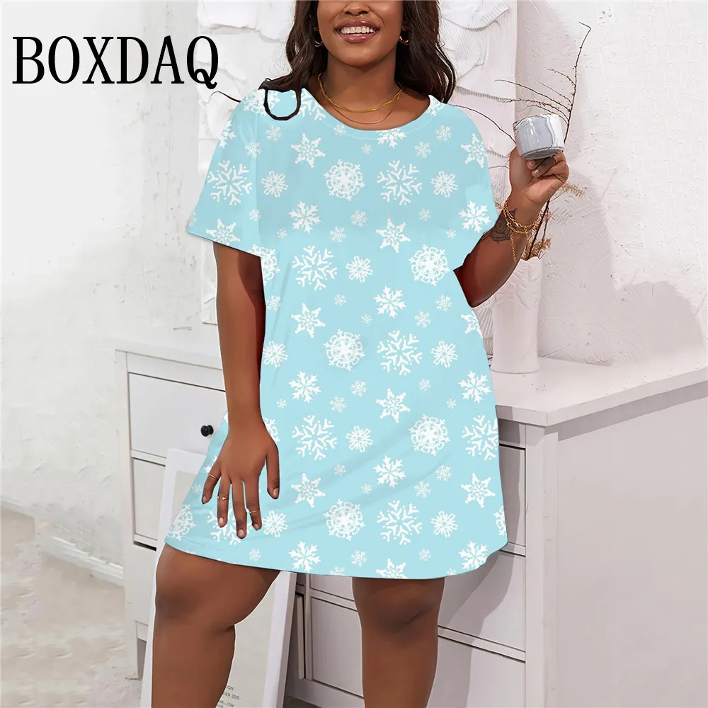 Women Christmas Style 3D Printed Dress Casual O-Neck Short Sleeve Loose A-Line Winter Fashion Xmas Snowflake Dress Plus Size 9XL