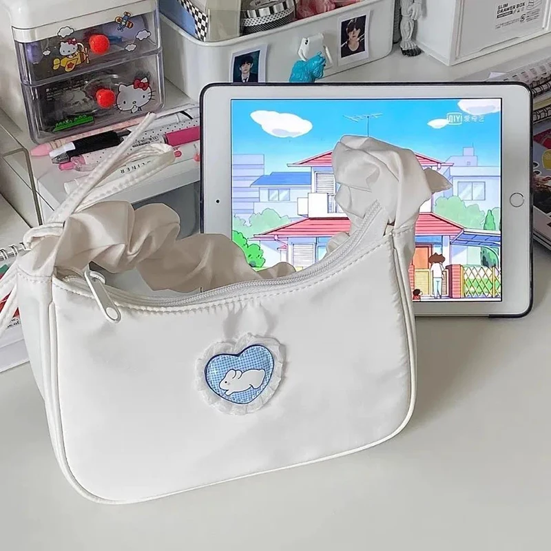 Women Fashion Folds Shoulder Bag Korean style Girl Cute Love Heart Rabbit Shopping Bag Tote Handbag image 6