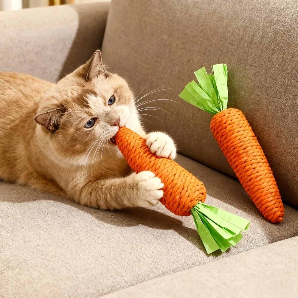 3 قطع لعبة قطط على شكل جزرة مع جرس من الداخل - مضغ وخدش تفاعلي للقطط، حبل ورقي متين وحبل للخدش