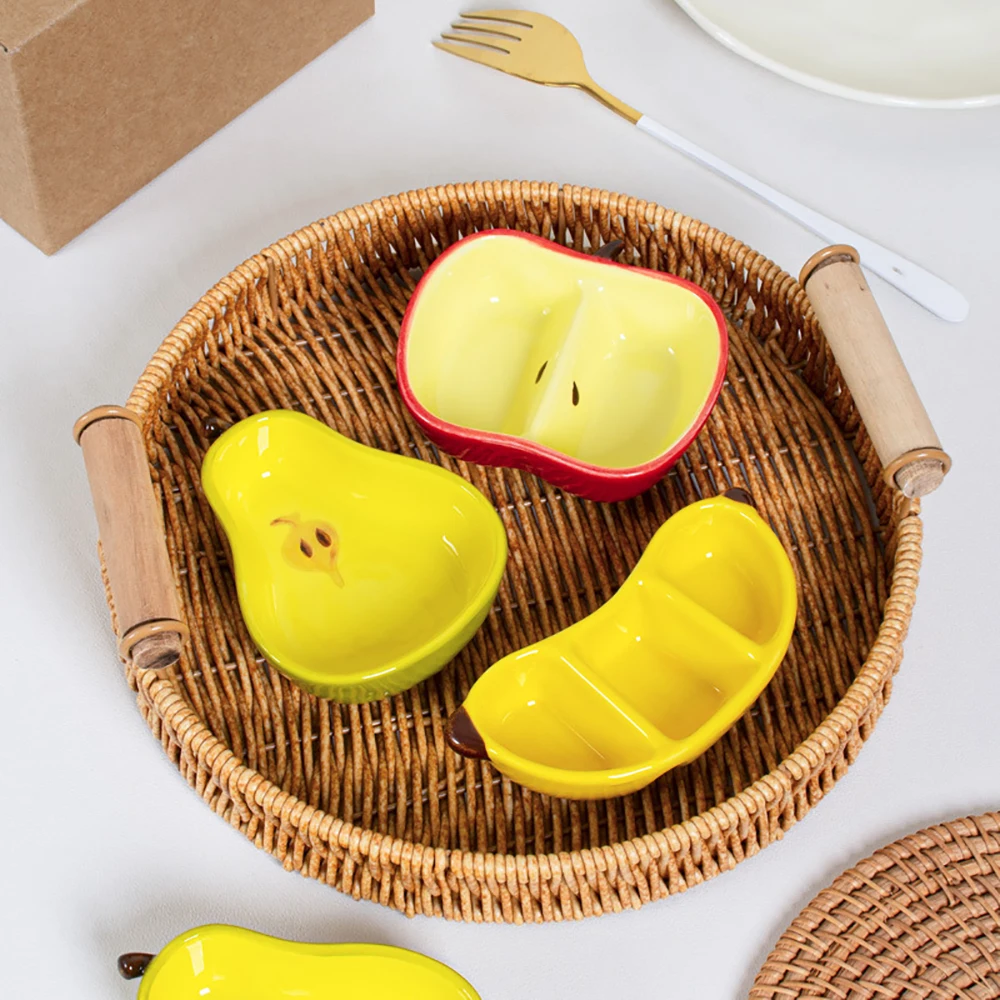 3Pcs Ceramic Fruit Shaped Sauce Dishes Cute Apple Pear Banana Divided Compartment Snack Sauce Bowl Dipping Kitchen Tableware