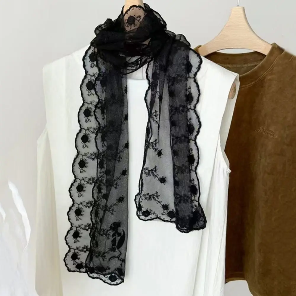 

Casual Embroidered Flower Lace Scarf Lightweight Breathable Mesh Sunscreen Shawl Long Silk Scarf Summer