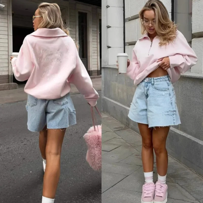 Ins Embroidery Hoodies&Sweatshirts Y2K Letters Jacket Women Half Zip Outdoor Sports Hoodie Loose Long Sleeved Top Tee Coat New