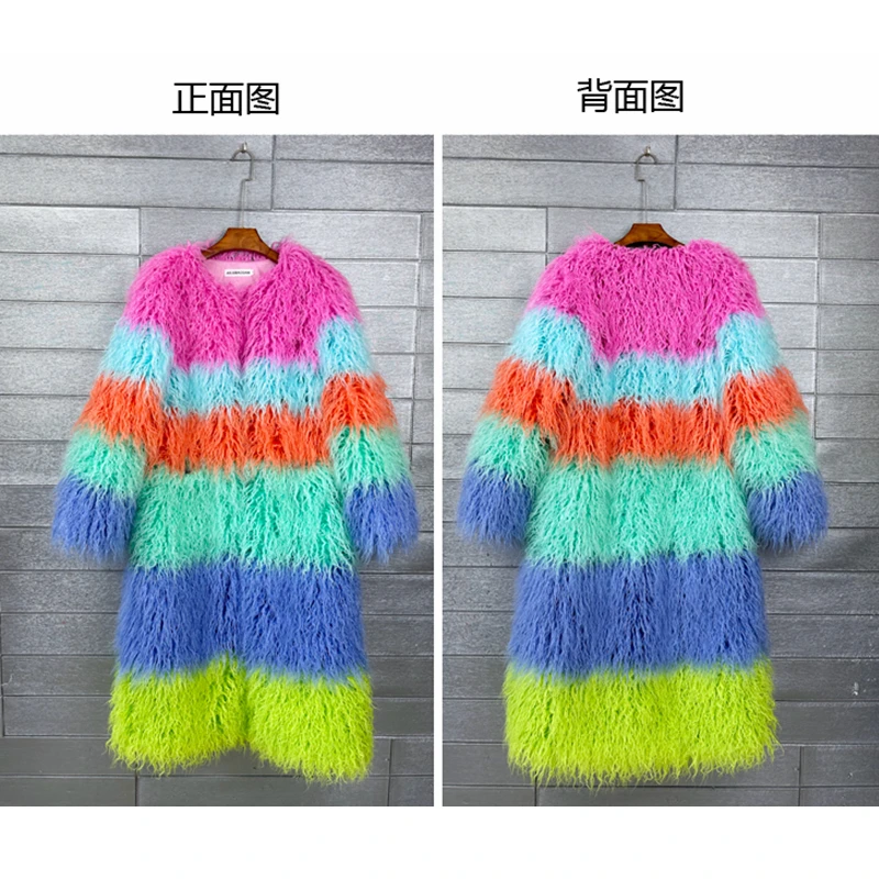 Original Design Female Colourful Faux Fur Coat Lady Contrast Color Shaggy Outerwear Women\'s Long Jacket Factory Direct Sales