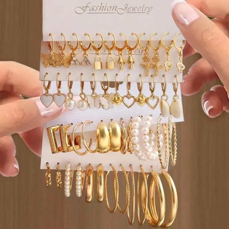 24 Pairs Golden Earrings Set, Trendy Butterfly & Heart Drop Earring Multipack, Alloy Hoop & Pearl Earrings Combo for Women