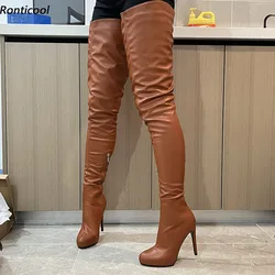 Ronticool Handmade Women Winter Platform Thigh Boots Side Zipper Stiletto Heels Round Toe Brown Banquet Shoes Us Plus Size 5-20