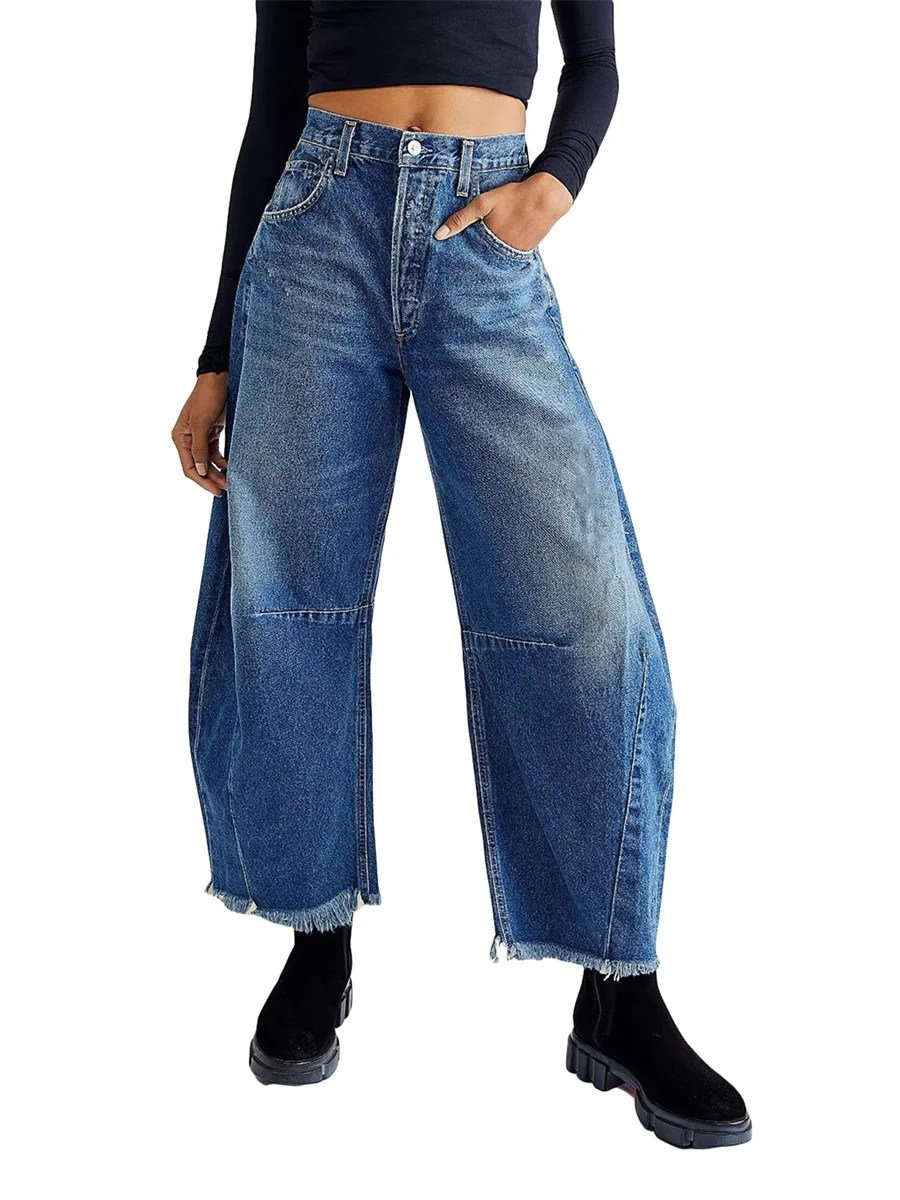 

Women Y2k Baggy Denim Pants High Waist Straight Wide Leg Trousers Boyfriends Tasseled Edging Jeans Vintage Loose Pants